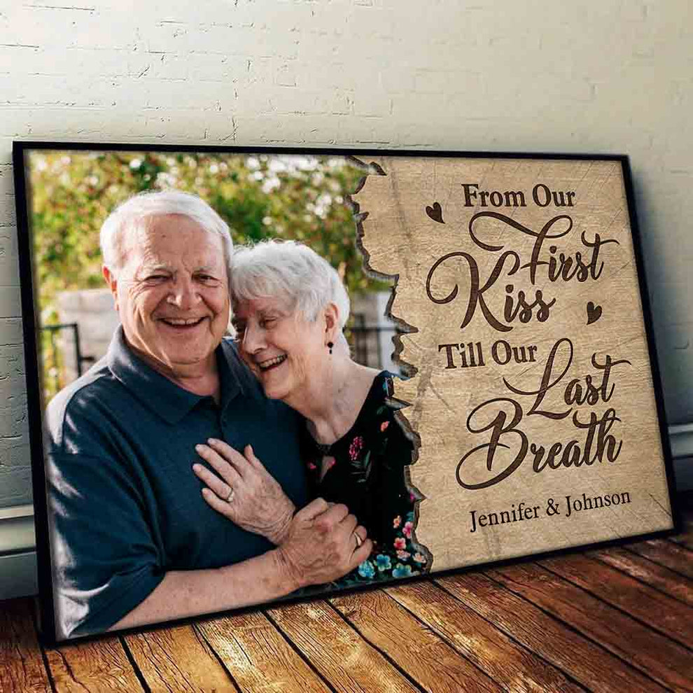 Custom Photo Till Our Last Breath Couple poster, leaning against a wall on a wooden floor