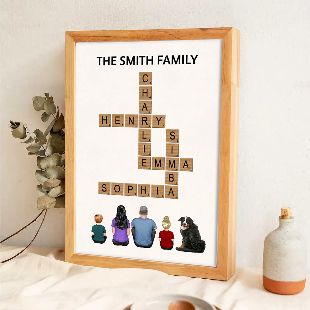 Personalized Family Make Your Own Crossword poster, leaning against a wall on a wooden floor