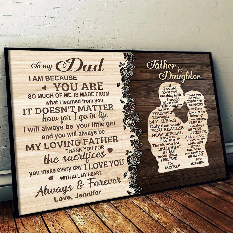 Personalized To My Dad From Daughter canvas print, leaning against a wall on a wooden floor