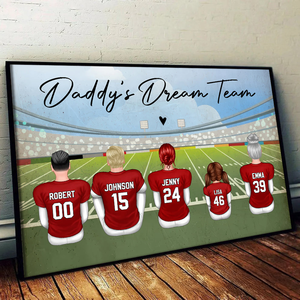 Personalized Football Dad Grandpa Dream Team poster, leaning against a wall on a wooden floor