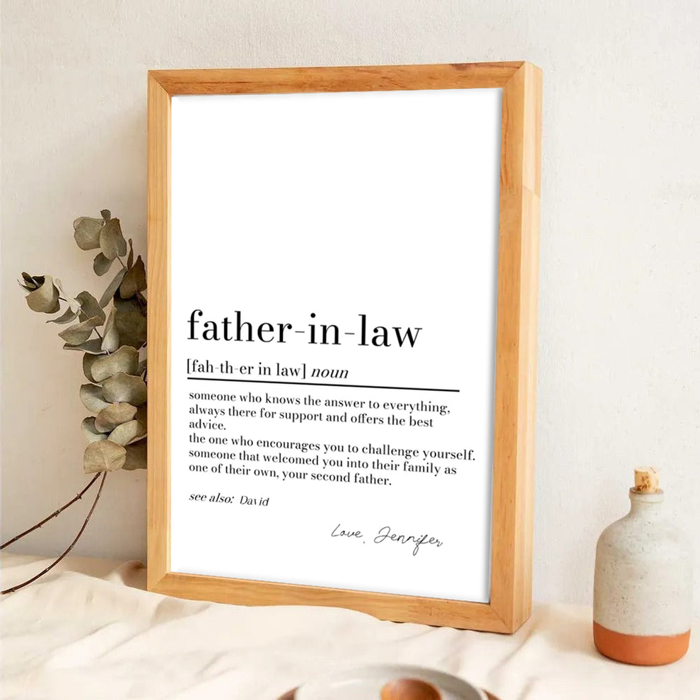 Personalized Father in Law Definition Print poster, leaning against a wall on a wooden floor