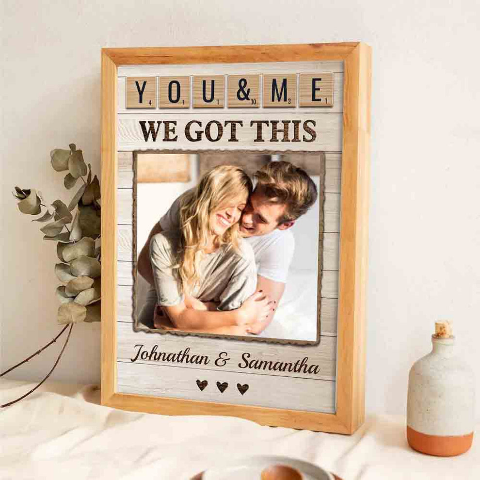 Custom Photo Couple Together Is Our Favorite Place To Be poster, leaning against a wall on a wooden floor