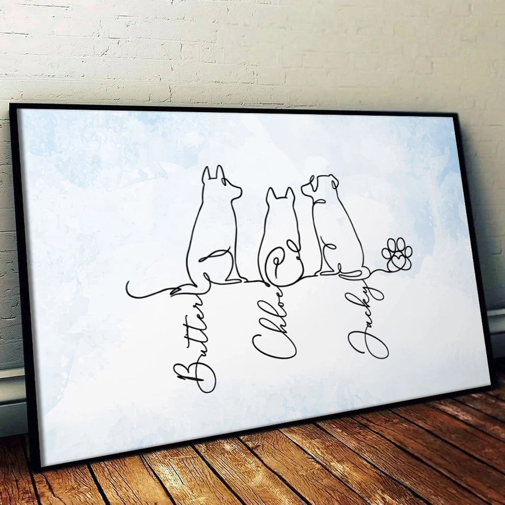Personalized Adorable Dog Line Art poster, leaning against a wall on a wooden floor