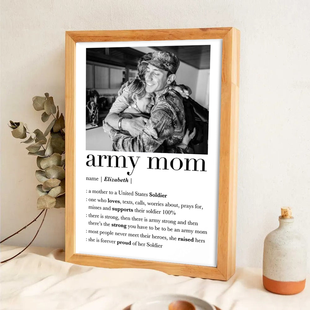 Custom Photo Army Mom poster, leaning against a wall on a wooden floor