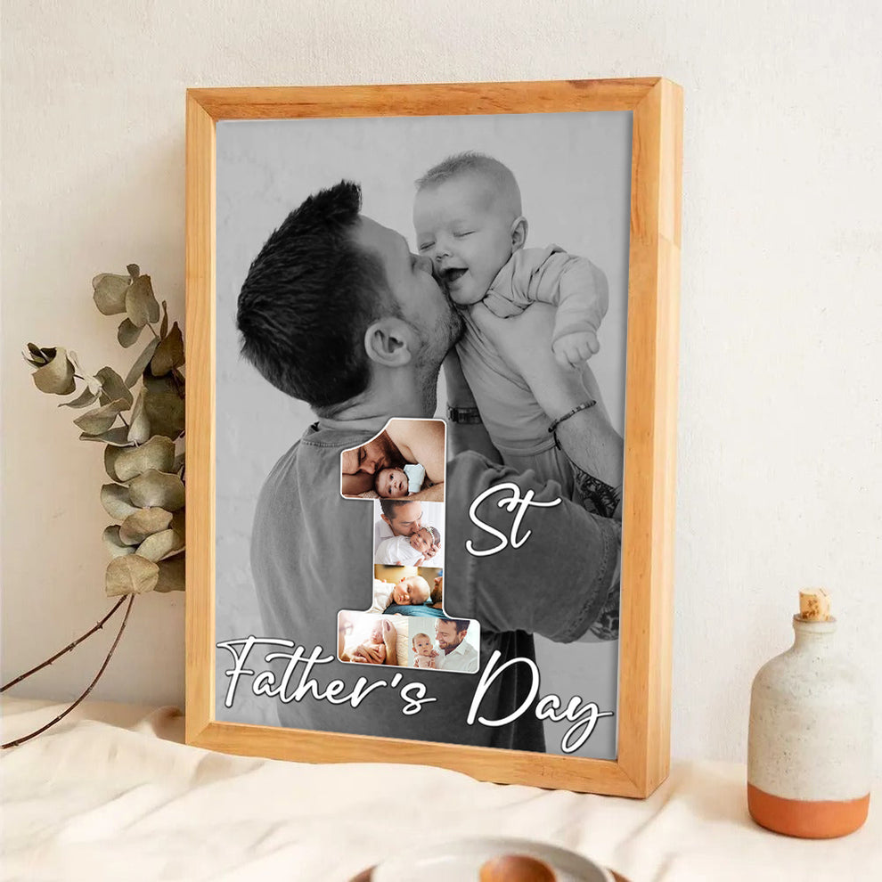 Custom Photo 1st Father's Day poster, leaning against a wall on a wooden floor