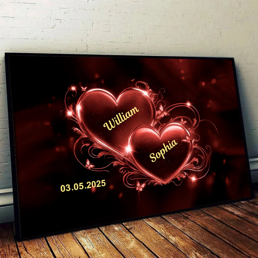 Personalized Romantic Couple Heart canvas print, leaning against a wall on a wooden floor