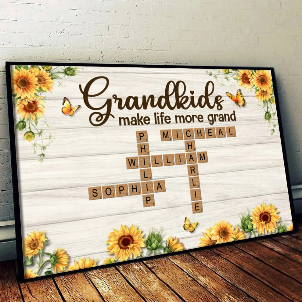 Grandkids Make Life More Grand Crossword Puzzle Sunflower - Personalized Poster/Canvas Prints - Gift for Grandma, Nana, Grandparent