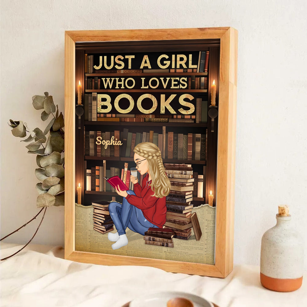 Personalized Just A Girl Who Loves Books Reading canvas print, leaning against a wall on a wooden floor