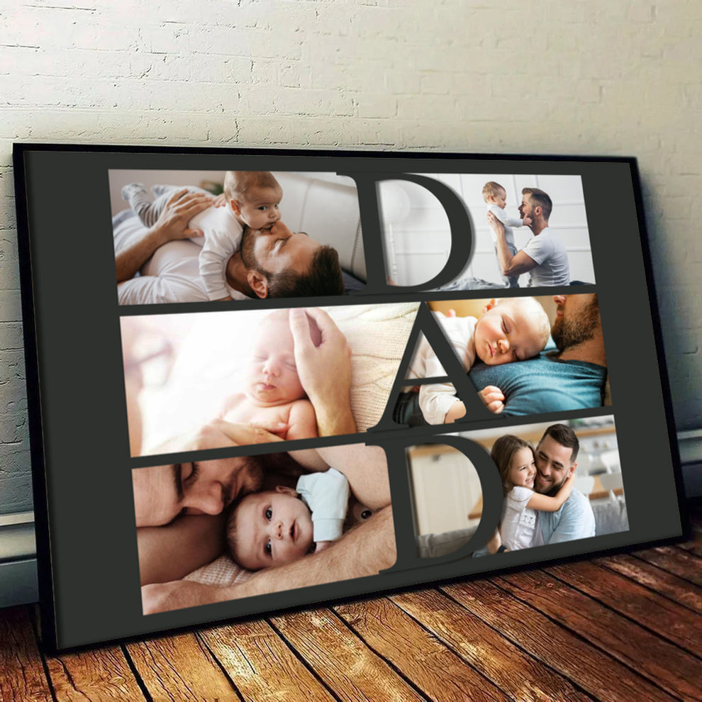 Custom Photo Dad Collage poster, leaning against a wall on a wooden floor
