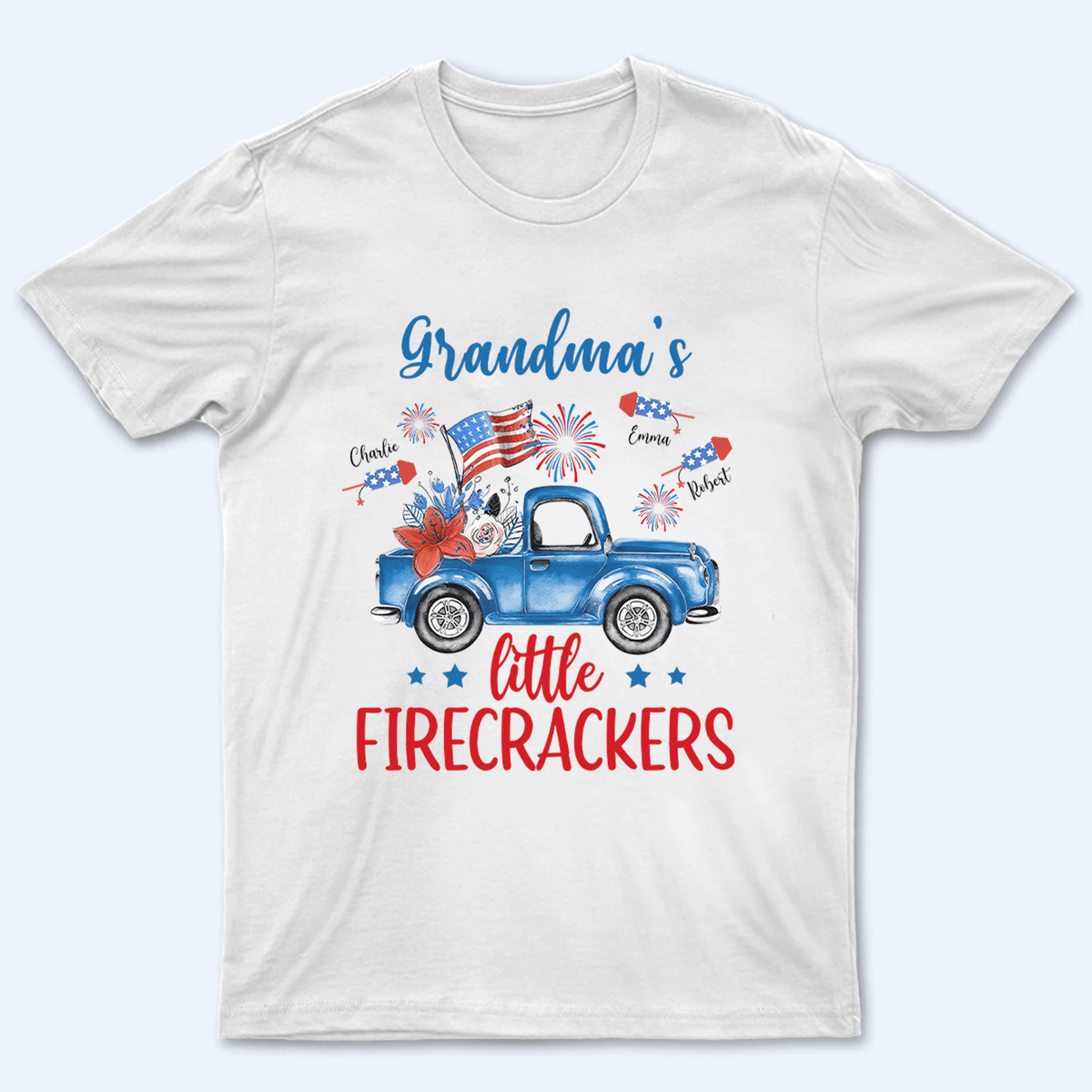 Grandma's Little Firecrackers 4th of July Patriotic - Personalized Custom T Shirt - Gift for Grandma/Nana/Mimi, Mom, Wife, Grandparent - Suzitee Store