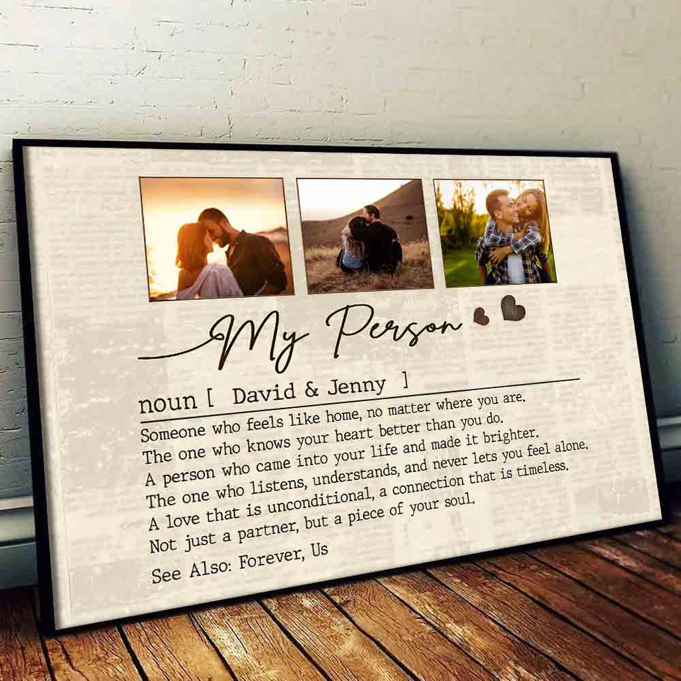Custom Photo Couple My Person poster, leaning against a wall on a wooden floor