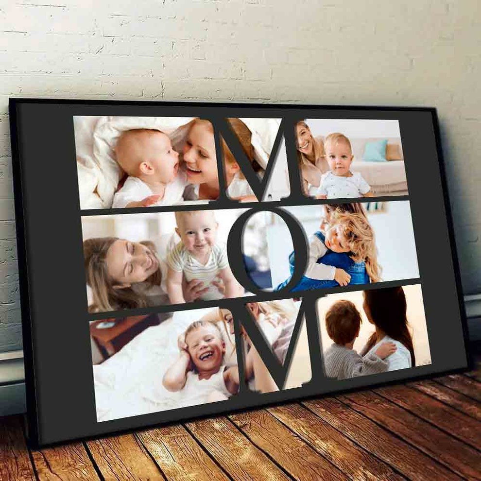 Custom Photo Mom Collage poster, leaning against a wall on a wooden floor