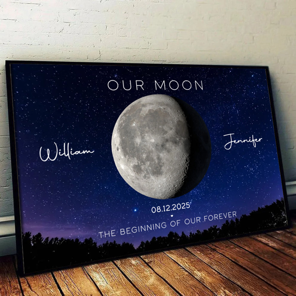 Personalized Couple's Anniversary Moon Phase Canvas print, leaning against a wall on a wooden floor