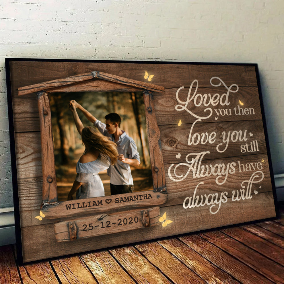 Personalized Custom Photo Love You Still Couple canvas print, leaning against a wall on a wooden floor