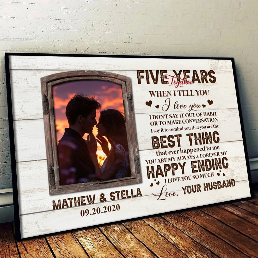 Custom Photo Five Years Together Couple poster, leaning against a wall on a wooden floor