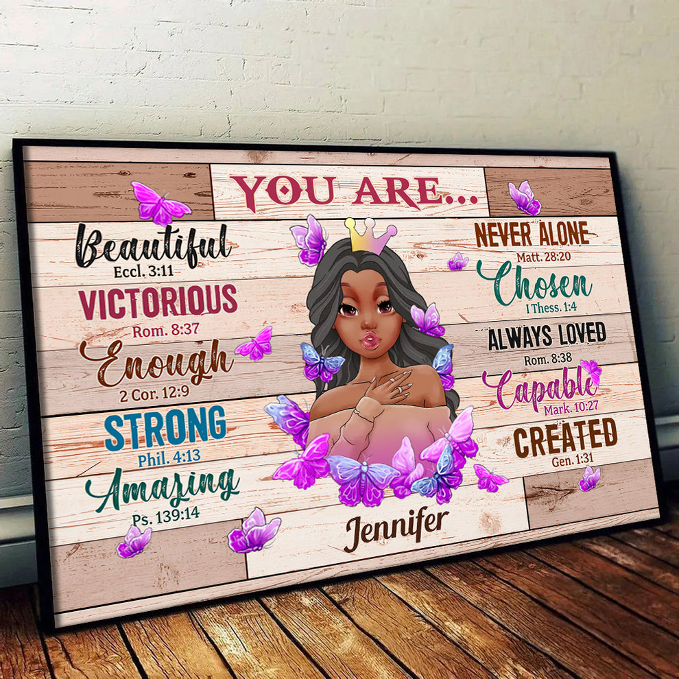Personalized You Are Beautiful Bible Verse poster, leaning against a wall on a wooden floor