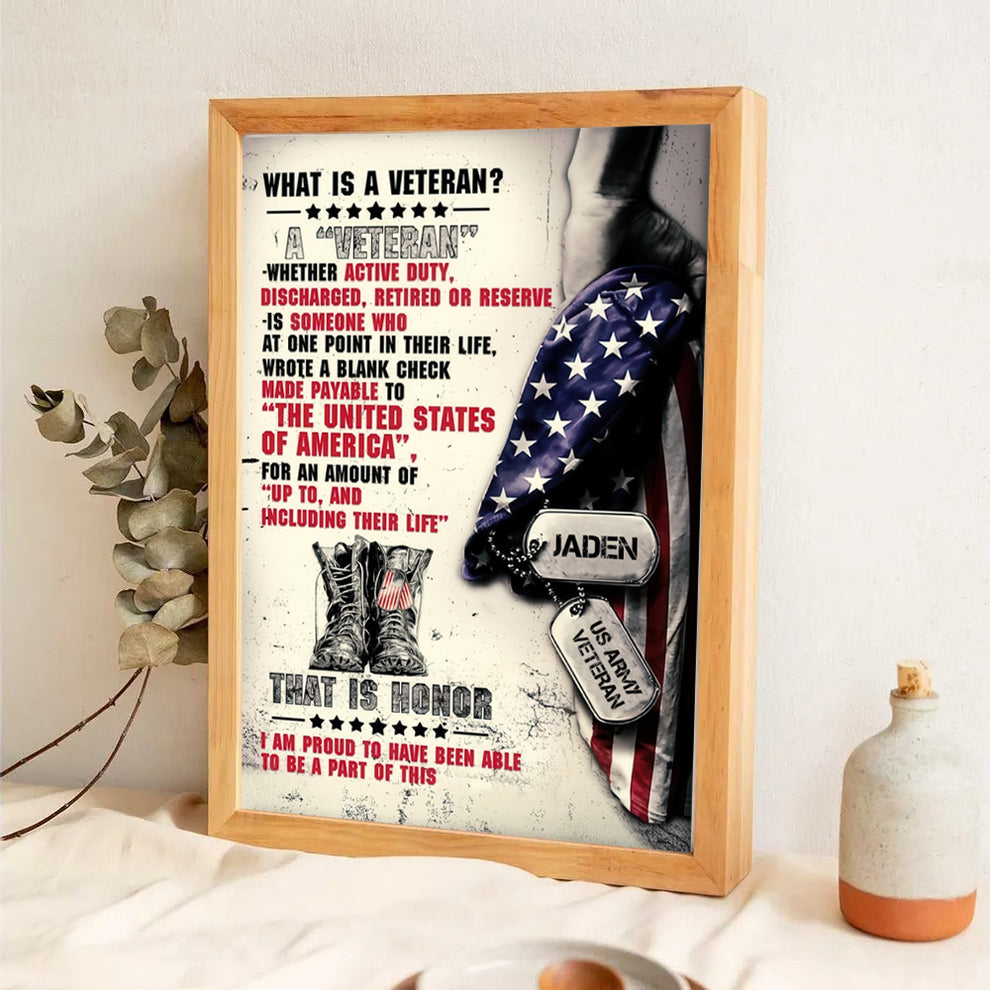 Personalized Name Proud Veteran poster, leaning against a wall on a wooden floor