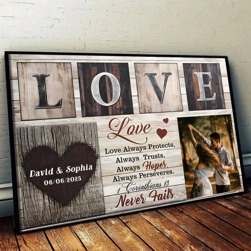Custom Photo Couple Love Never Fails poster, leaning against a wall on a wooden floor
