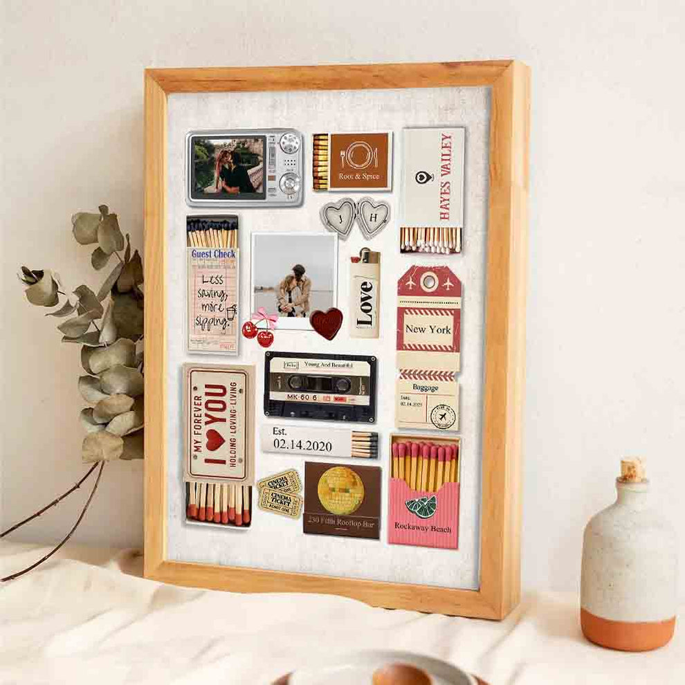Custom Photo Romantic Couple Matchbox Art poster, leaning against a wall on a wooden floor