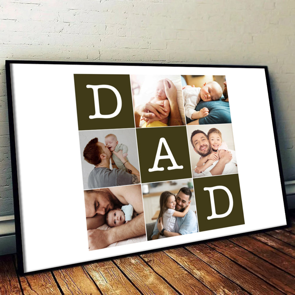 Custom Photo Father's Day Collage poster, leaning against a wall on a wooden floor