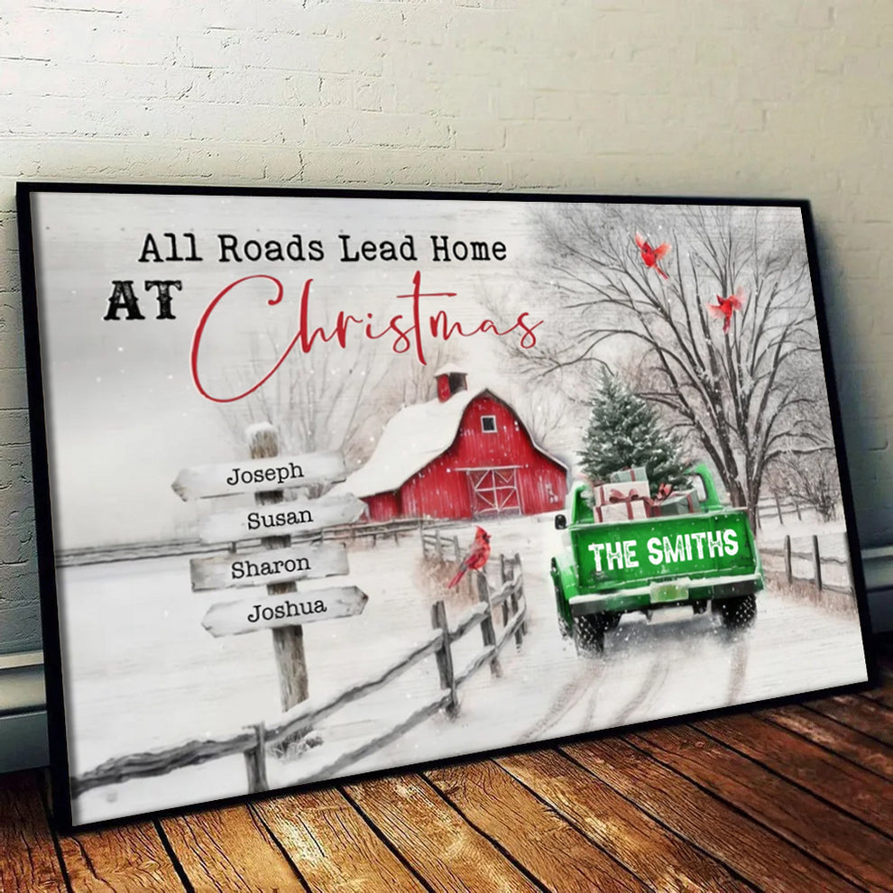 Personalized All Roads Lead Home At Christmas poster, leaning against a wall on a wooden floor