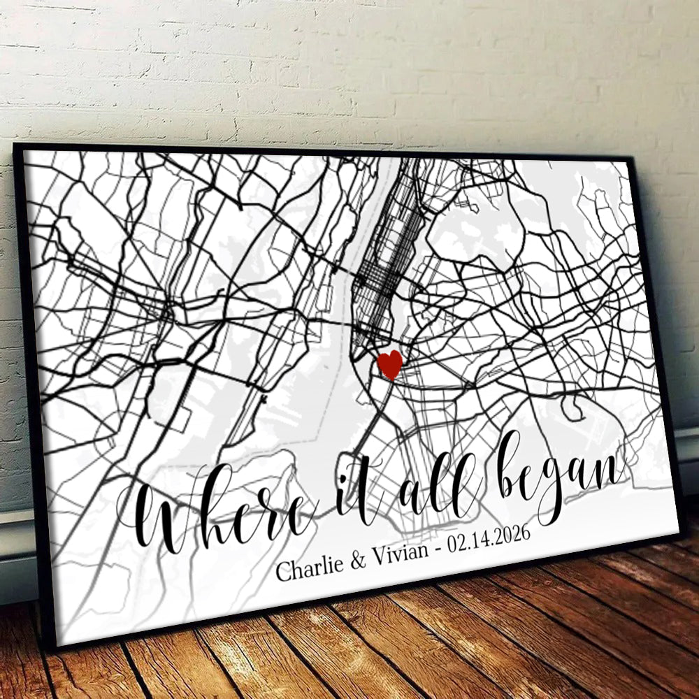 Custom Map Couple Where It All Began - Personalized Poster/Canvas Prints - Gift For Her/Him, Husband/Wife, Couples on Anniversary, Valentine's Day