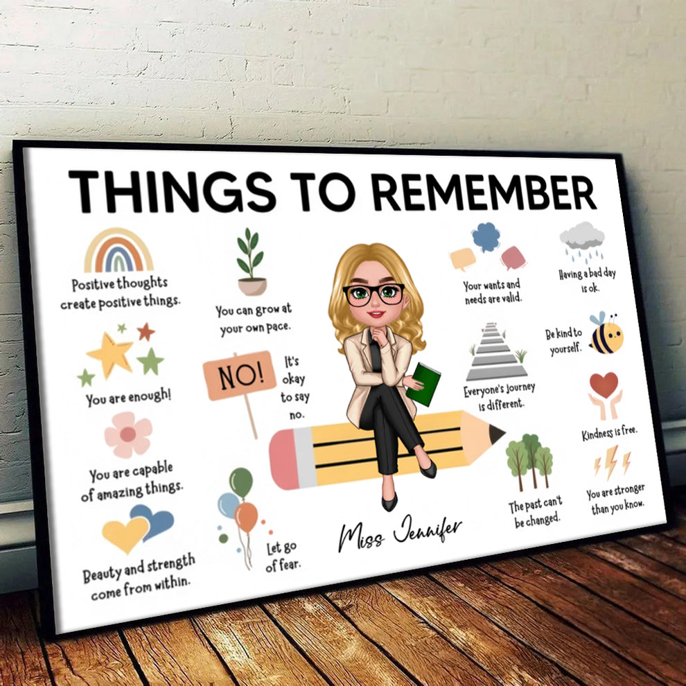 Personalized Things to Remember Gift For Teacher canvas print, leaning against a wall on a wooden floor