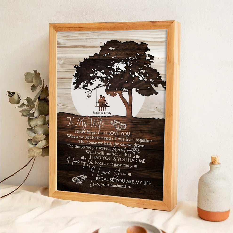 Personalized To My Wife Never Forget That I Love You Couple poster, leaning against a wall on a wooden floor