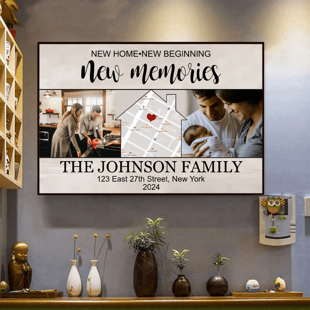Custom Photo Housewarming Gift poster, leaning against a wall on a wooden floor