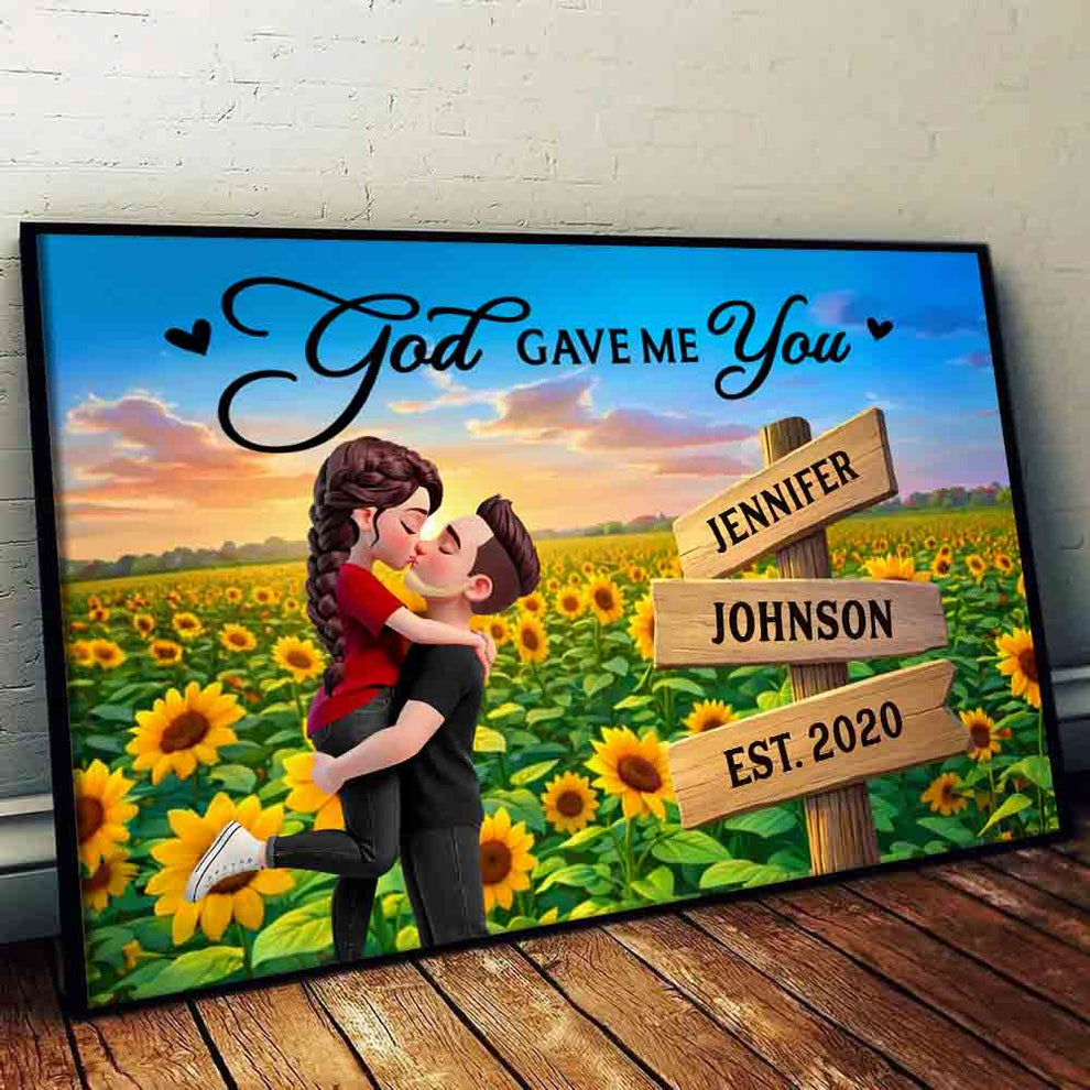 Personalized Couple Hugging Kissing Sunflower Field poster, leaning against a wall on a wooden floor