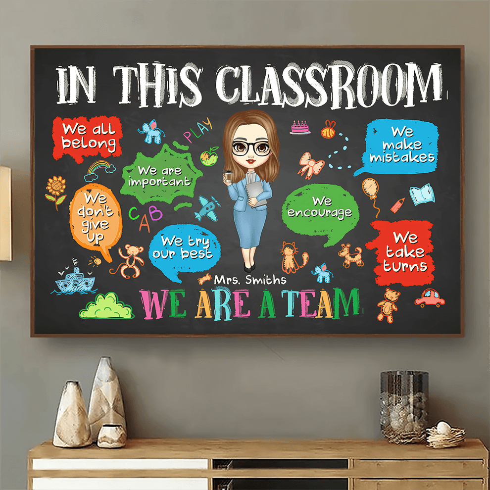 Personalized In This Classroom We Are A Team poster, leaning against a wall on a wooden floor