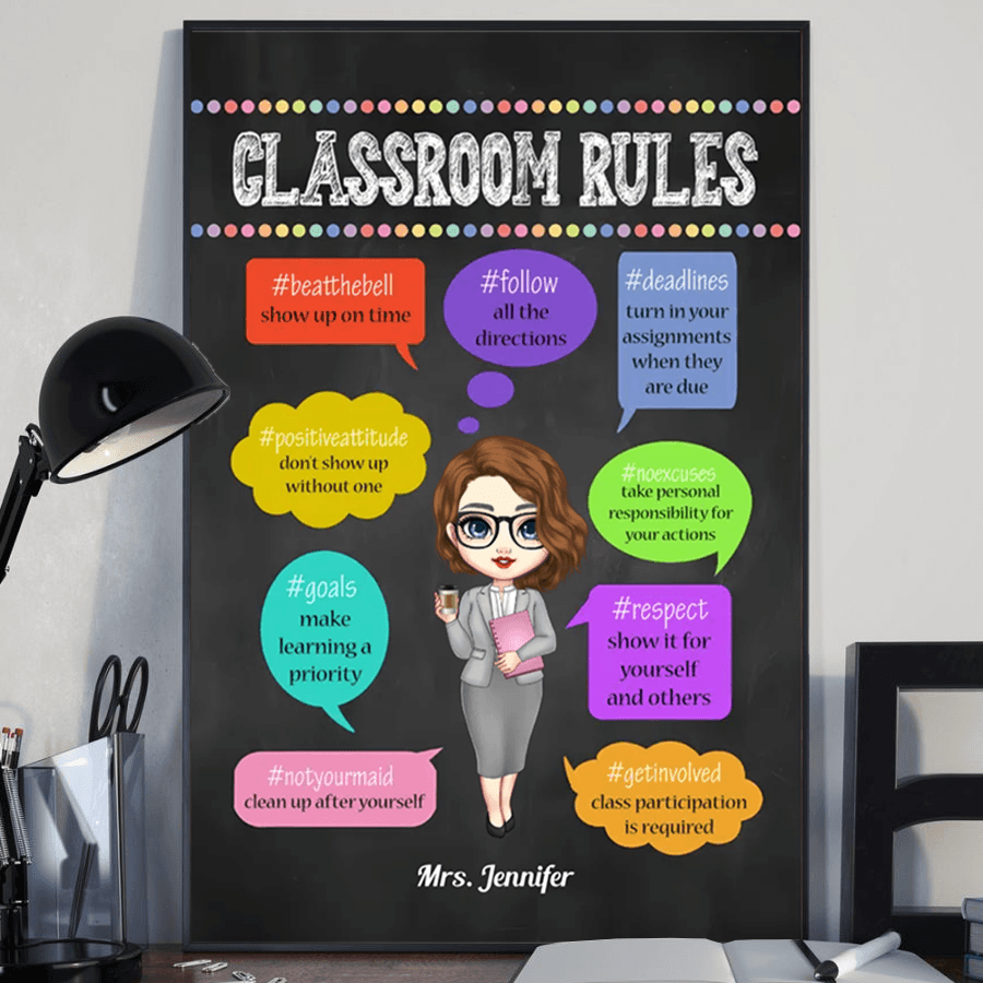 Personalized Classroom Rules poster, framed in a bright living room