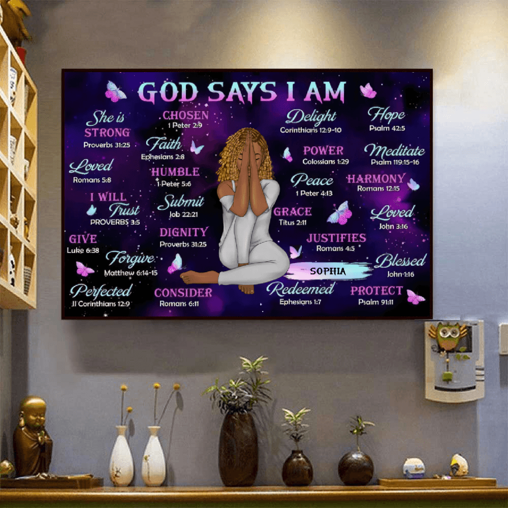 Personalized God Says I Am poster, framed in a bright living room