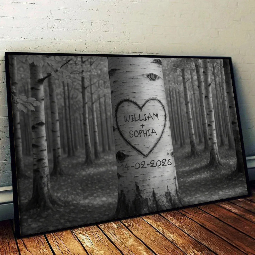 Personalized Couple Names Tree Carving Heart canvas print, leaning against a wall on a wooden floor