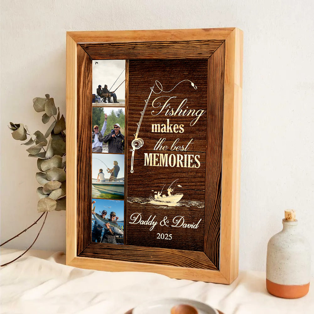 Custom Photo Fishing Makes The Best Memories poster, a woman hanging the framed print on a wall