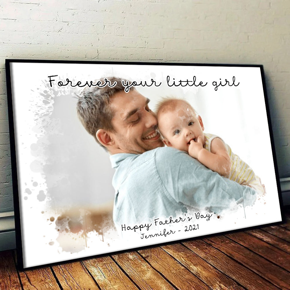 Custom Photo Dad and Kid Portrait poster, leaning against a wall on a wooden floor