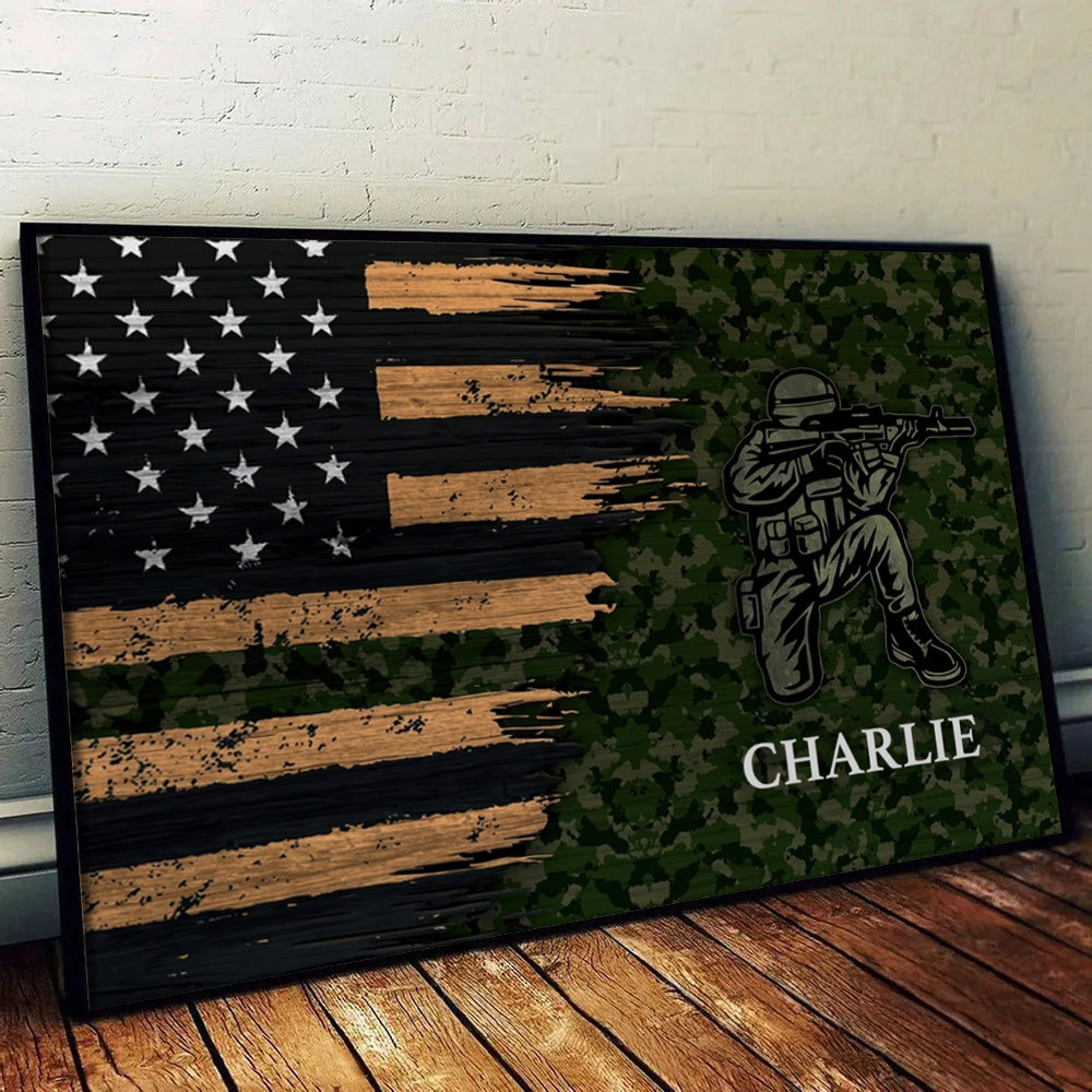 Half Thin Green Line Patriotic American Flag - Personalized Poster - Gift For Army, Military Veteran Dad Grandpa Veteran