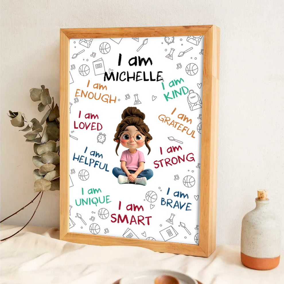Personalized I Am Enough, Loved, Helpful, Unique, Smart canvas print, leaning against a wall on a wooden floor