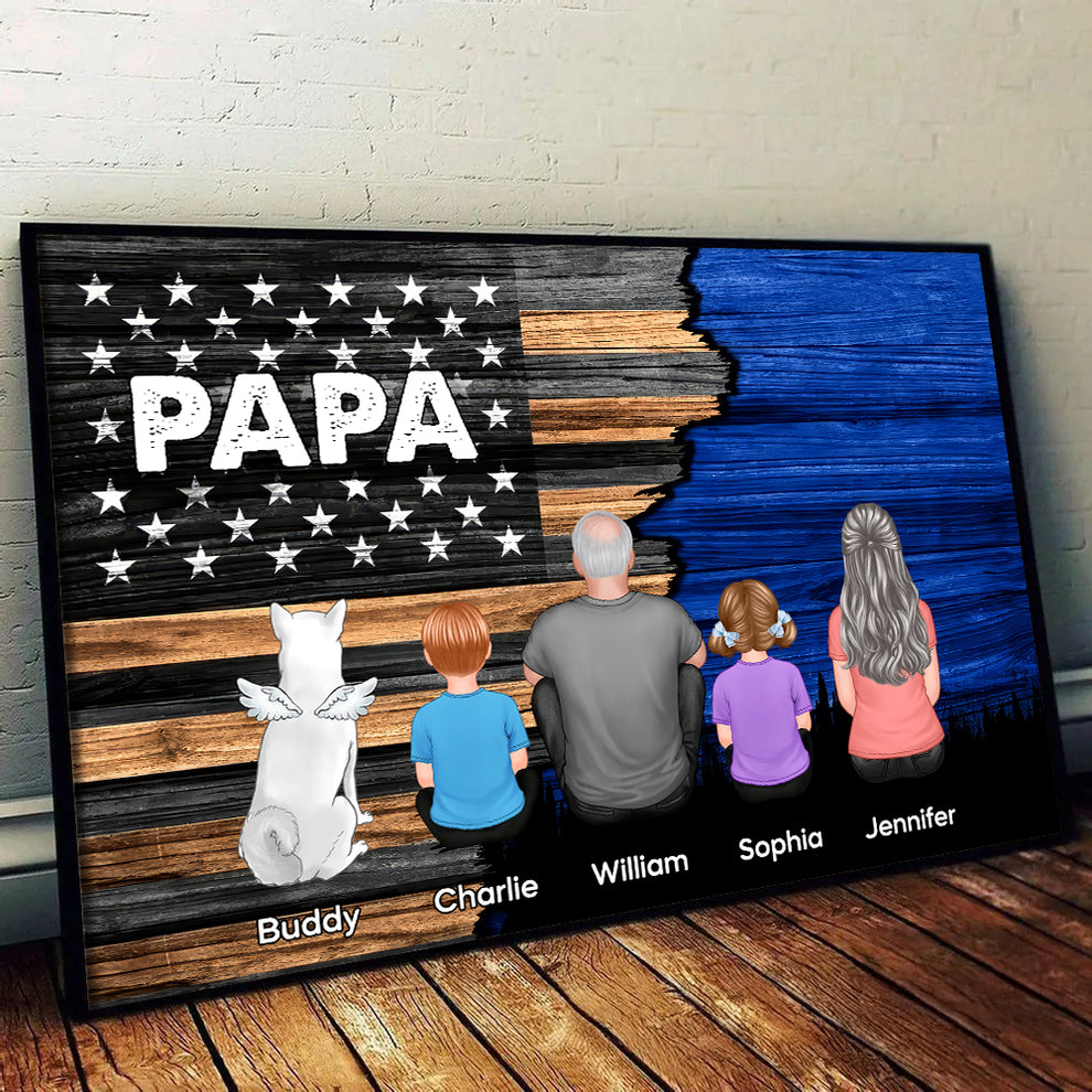 Personalized Dad Grandpa Back View Sitting With Kids Half Nation Flag poster, leaning against a wall on a wooden floor