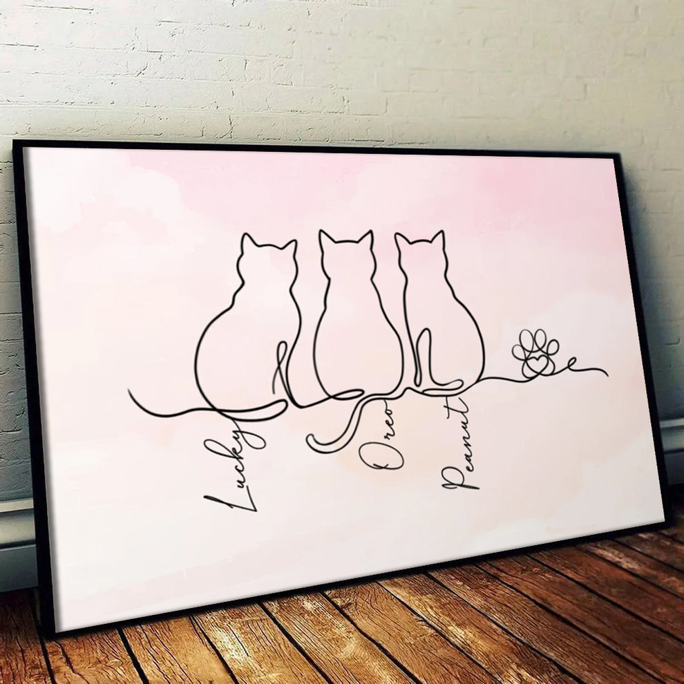 Personalized Adorable Cat Line canvas print, leaning against a wall on a wooden floor