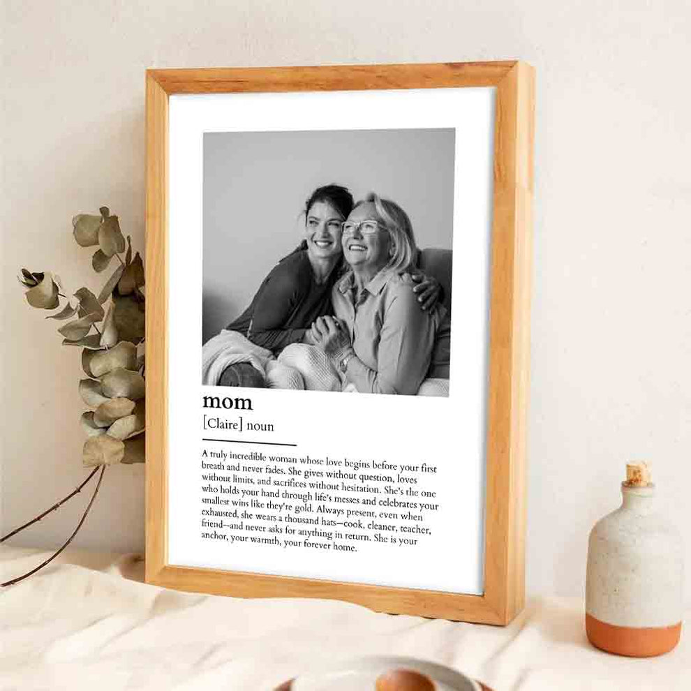 Custom Photo Mom Definition poster, leaning against a wall on a wooden floor