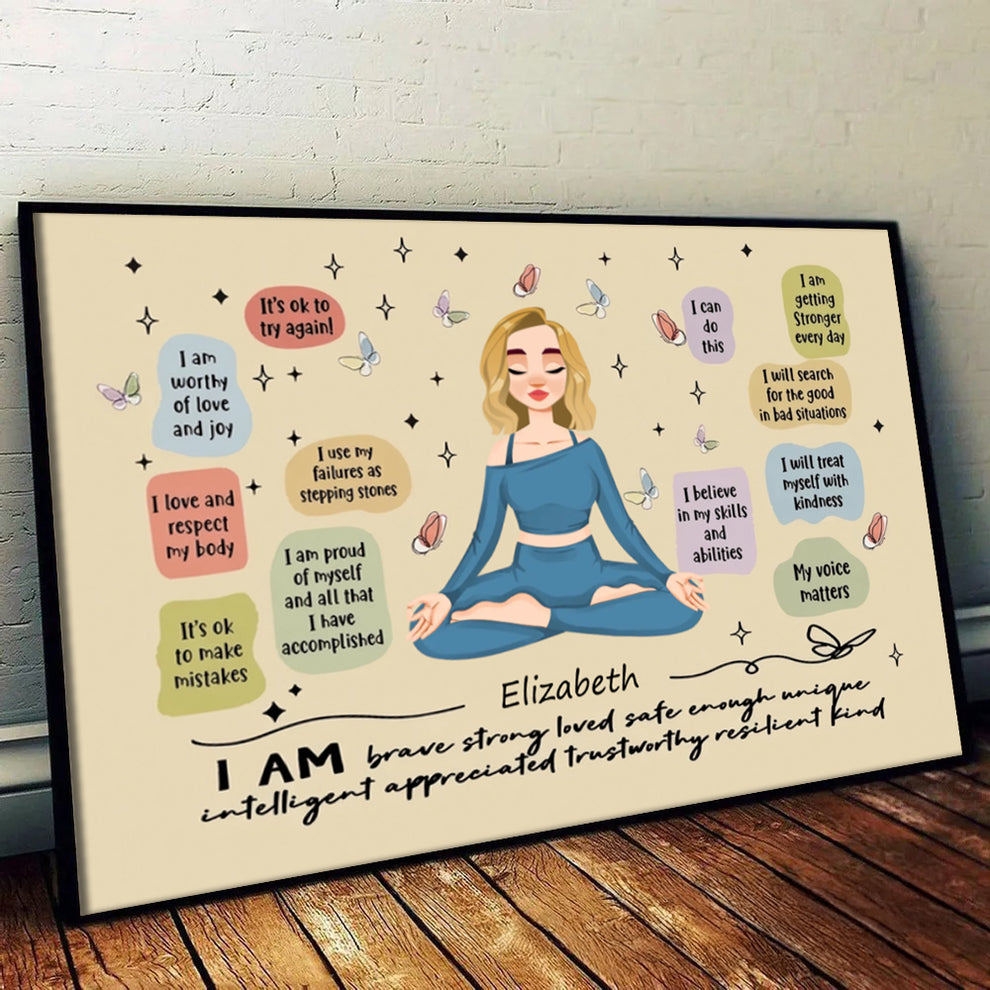 Personalized I Am Brave Strong Loved poster, leaning against a wall on a wooden floor