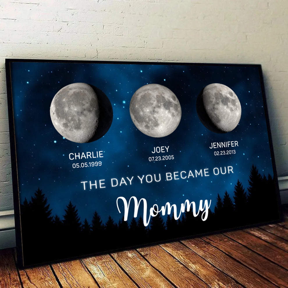 Personalized The Moon Glowed Brighter The Day You Became Mom poster, leaning against a wall on a wooden floor