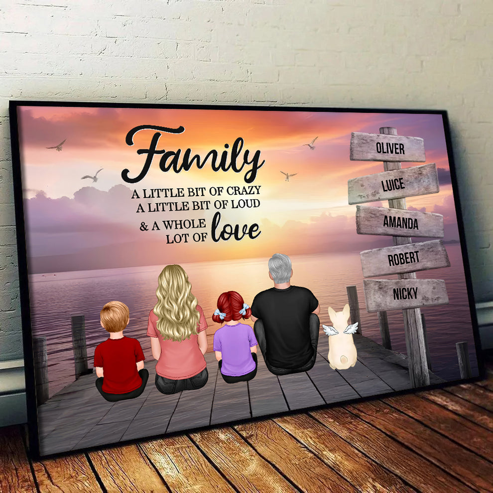 Personalized Retro Vintage Family A Little Whole Lot of Love Sign Posts poster, leaning against a wall on a wooden floor