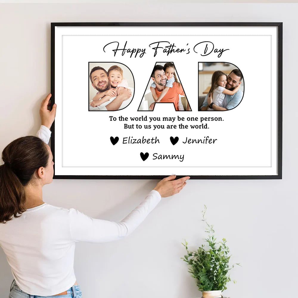 Custom Photo Happy Father's Day To Dad poster, a woman hanging the framed print on a wall