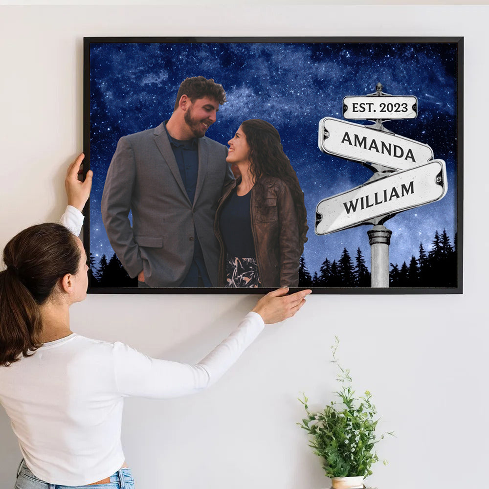Personalized Custom Photo I Still Fall In Love With You Everyday canvas print, a woman hanging the framed print on a wall