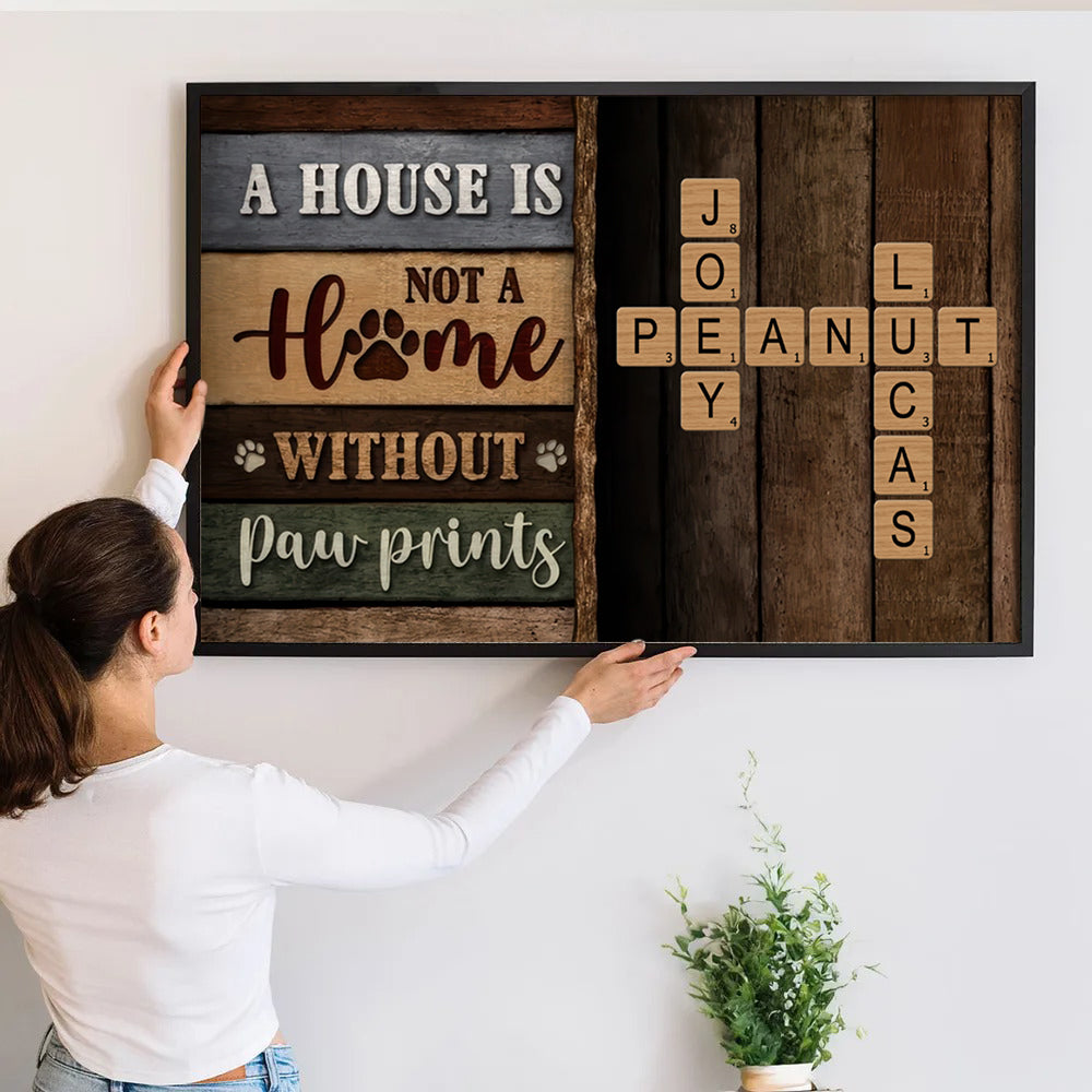 Personalized Home With Paw Prints Colored Wood Pallets Crossword Puzzle A canvas print, a woman hanging the framed print