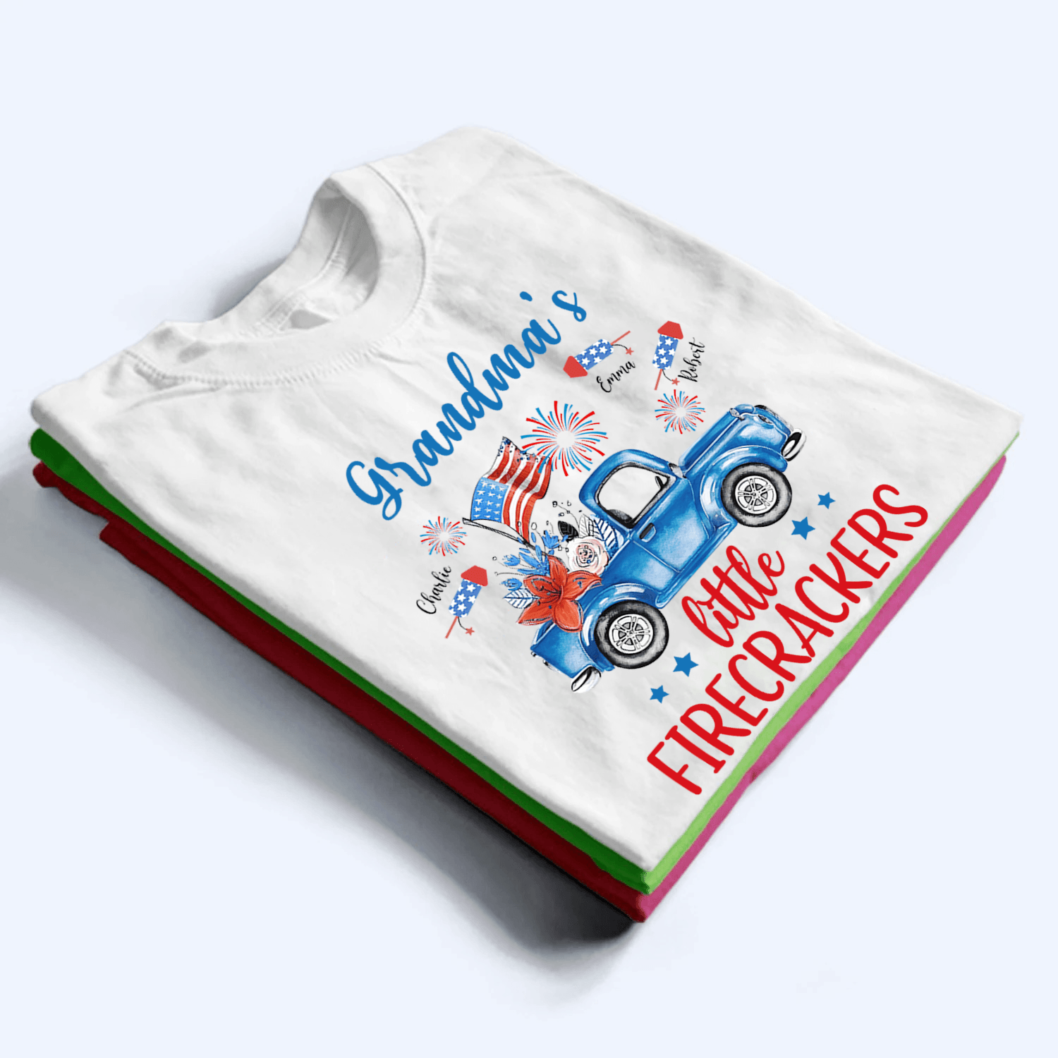 Grandma's Little Firecrackers 4th of July Patriotic - Personalized Custom T Shirt - Gift for Grandma/Nana/Mimi, Mom, Wife, Grandparent - Suzitee Store