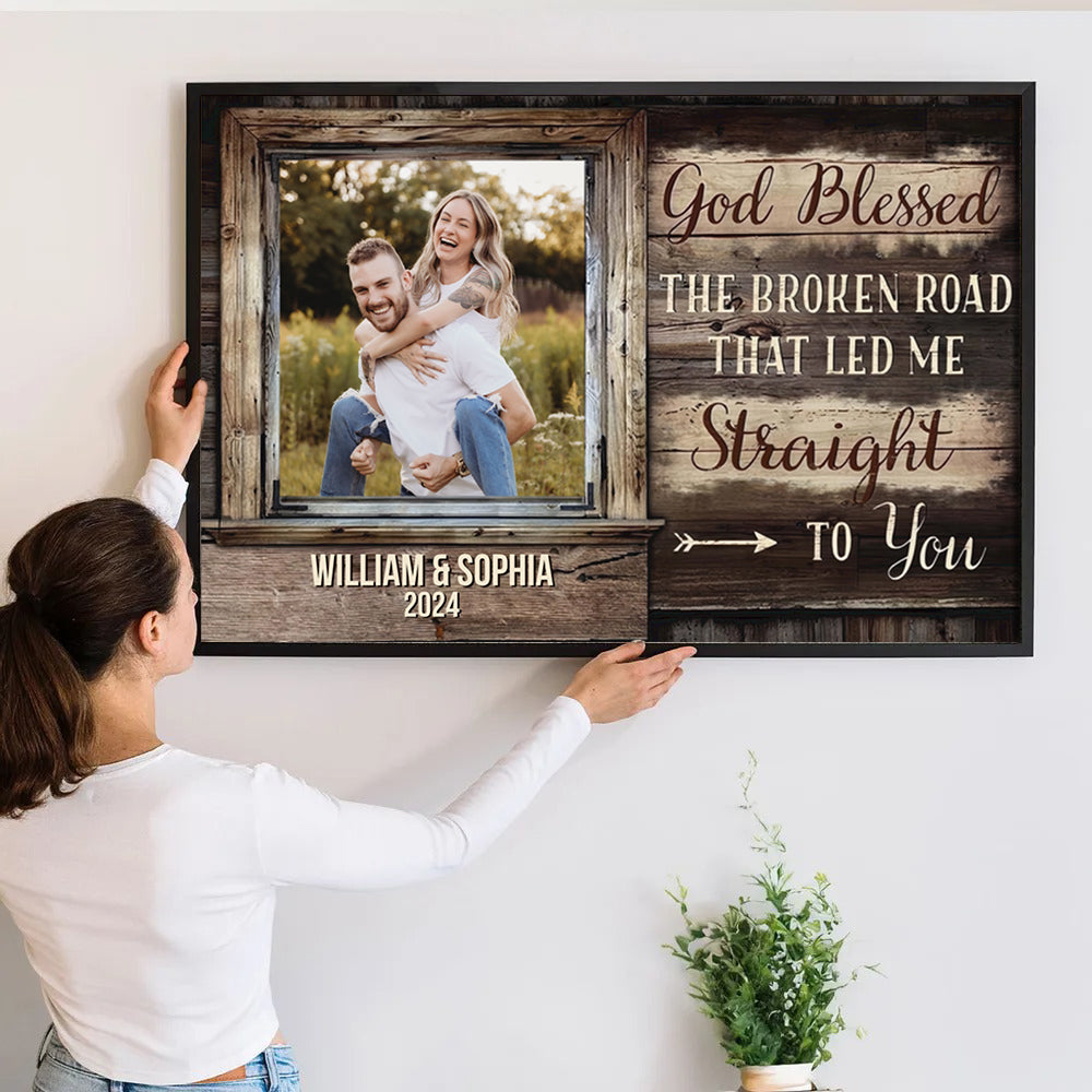 Personalized Custom Photo canvas print, a woman hanging the framed print on a wall
