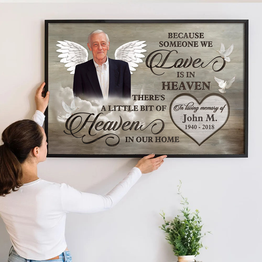 Personalized Loss of Dad, Husband poster, a woman hanging the framed print on a wall